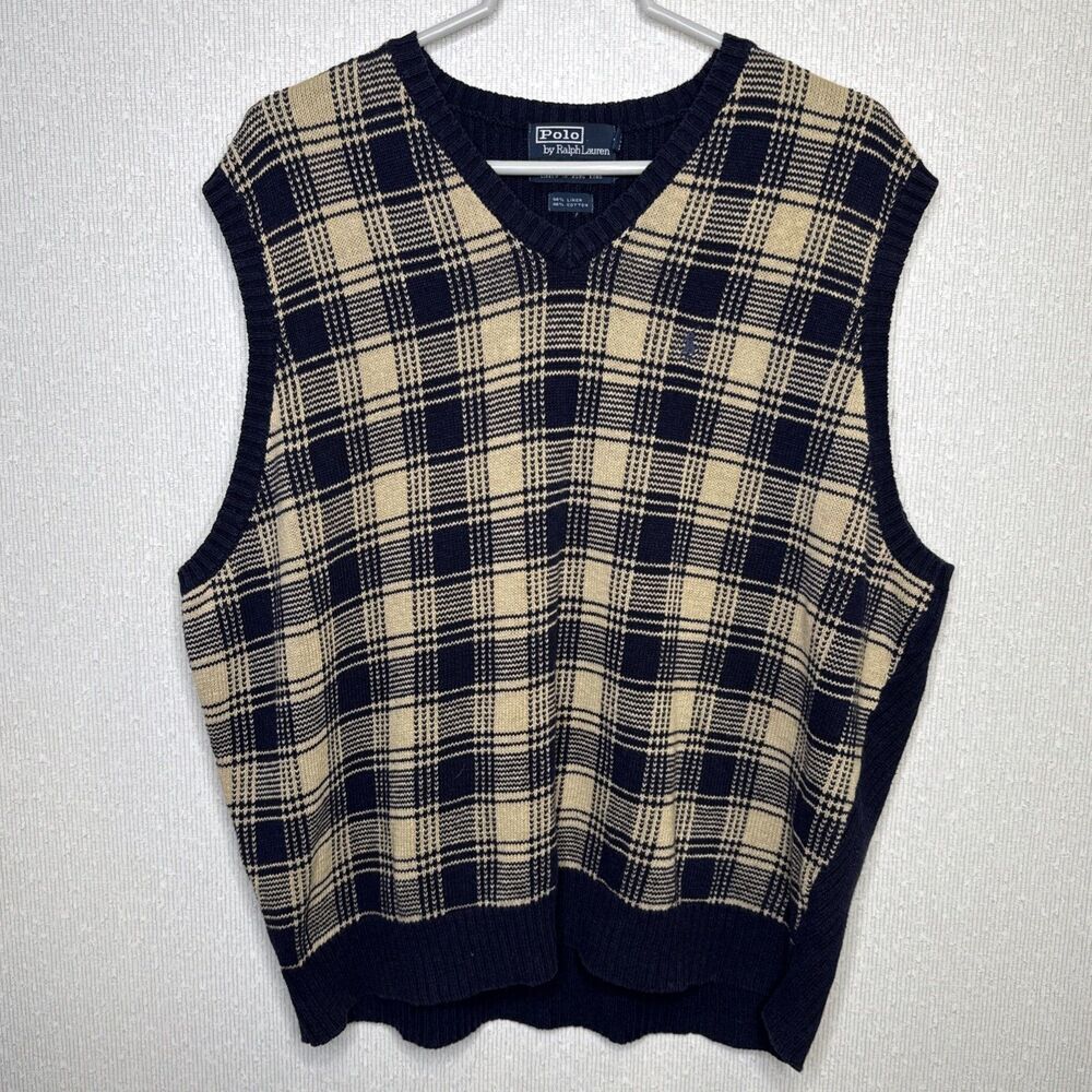 Vintage Polo Ralph Lauren Sweater Vest Mens XXL Plaid Linen Cotton Hand Knit